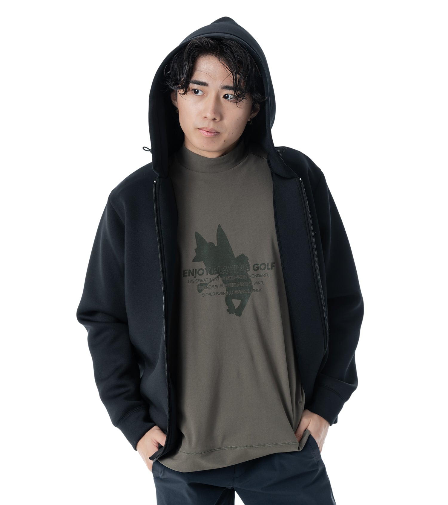 メンズワッペン切替フードパーカー