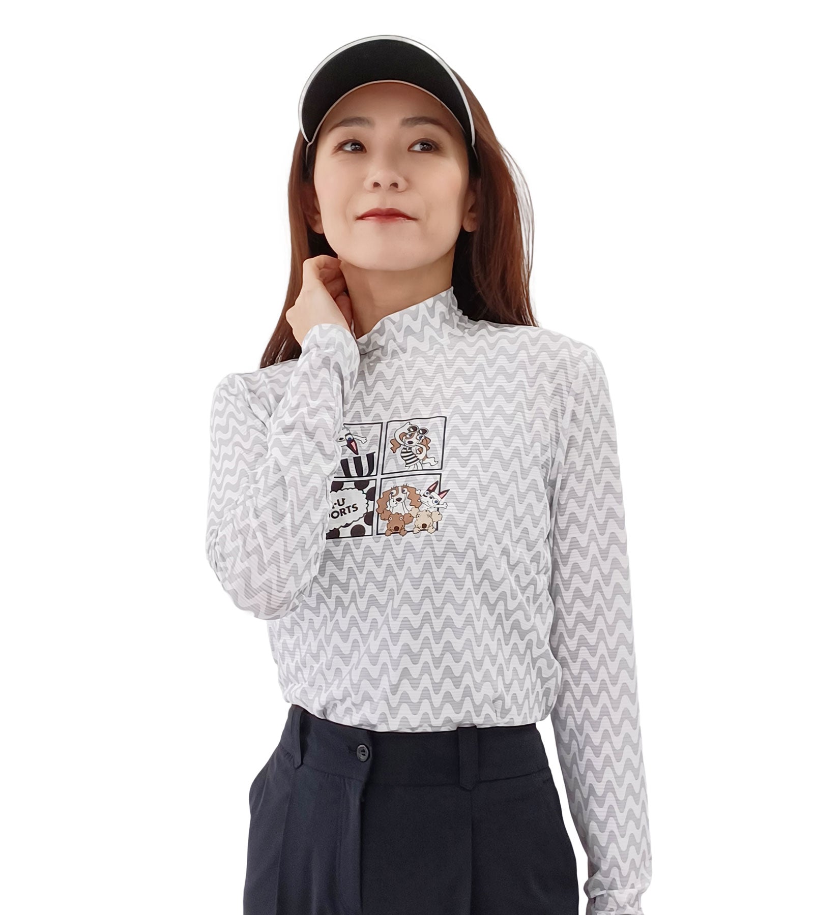 長袖モックネックアメコミ風レイヤーTシャツ