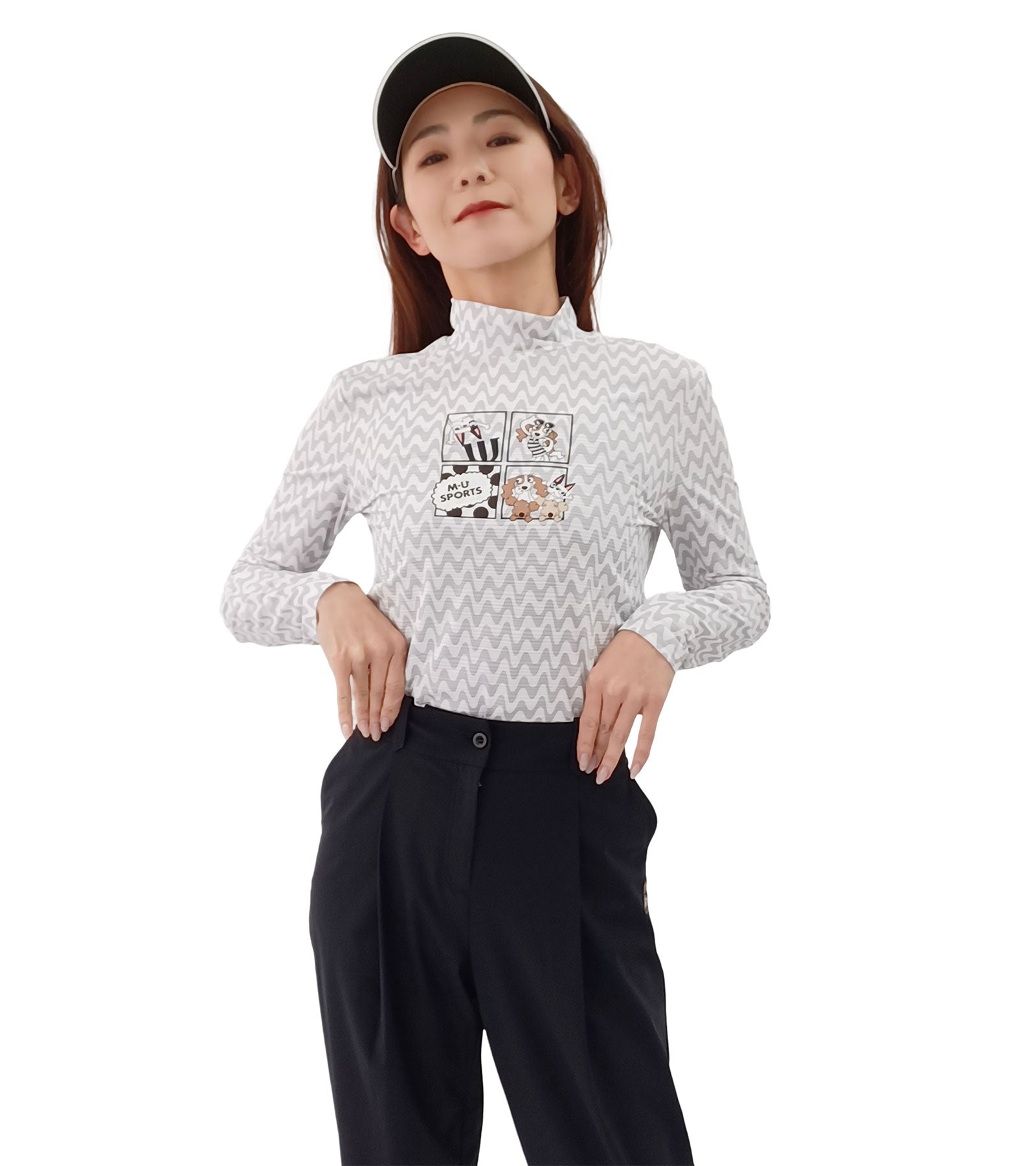 長袖モックネックアメコミ風レイヤーTシャツ