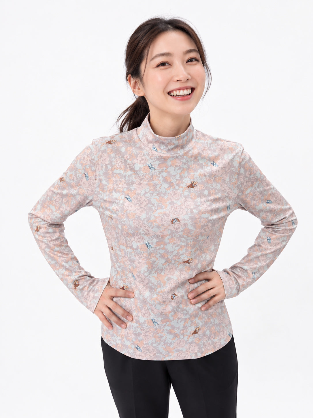 花柄モックネックTシャツ