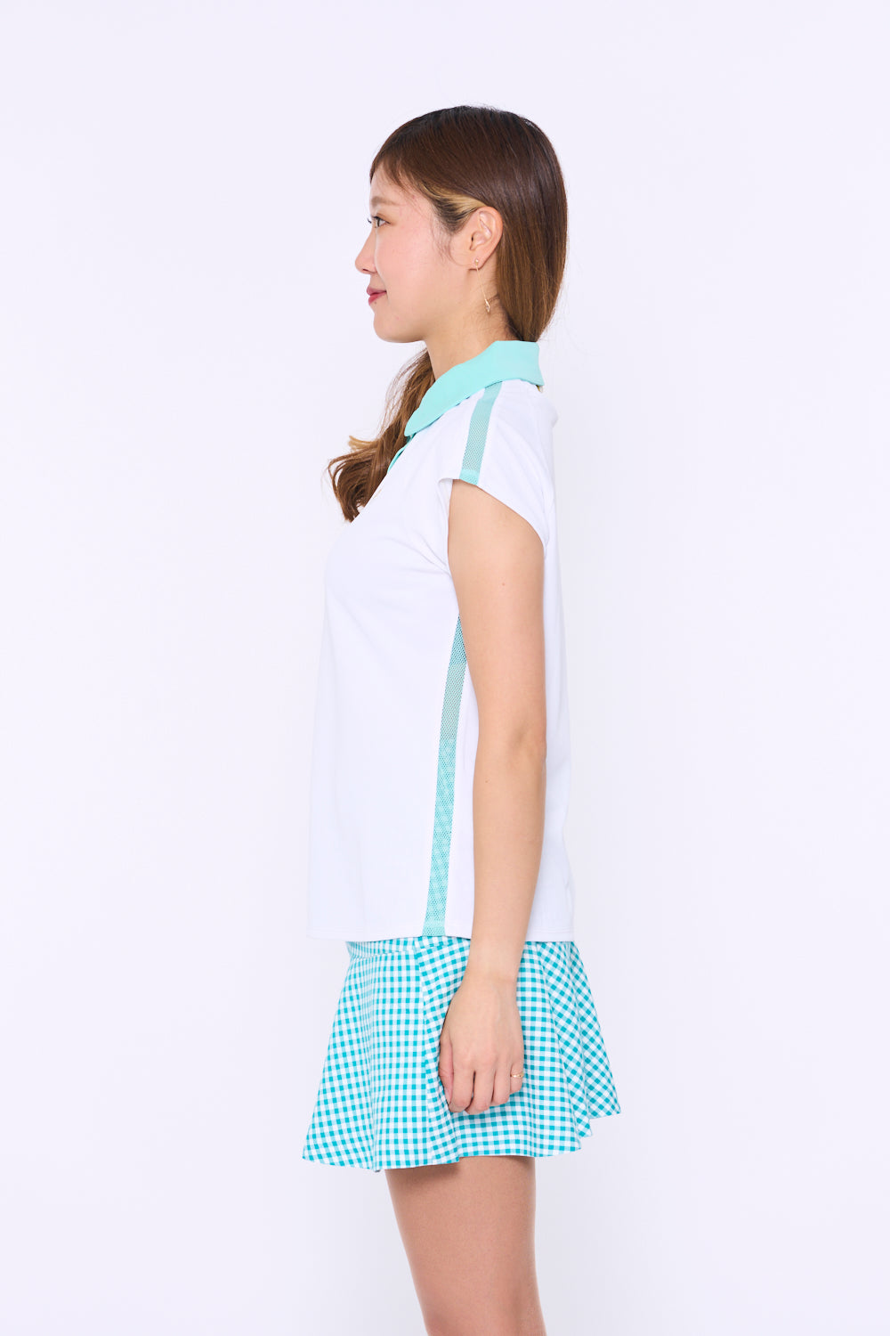 Round collar side mesh French sleeve shirt (701H3018)
