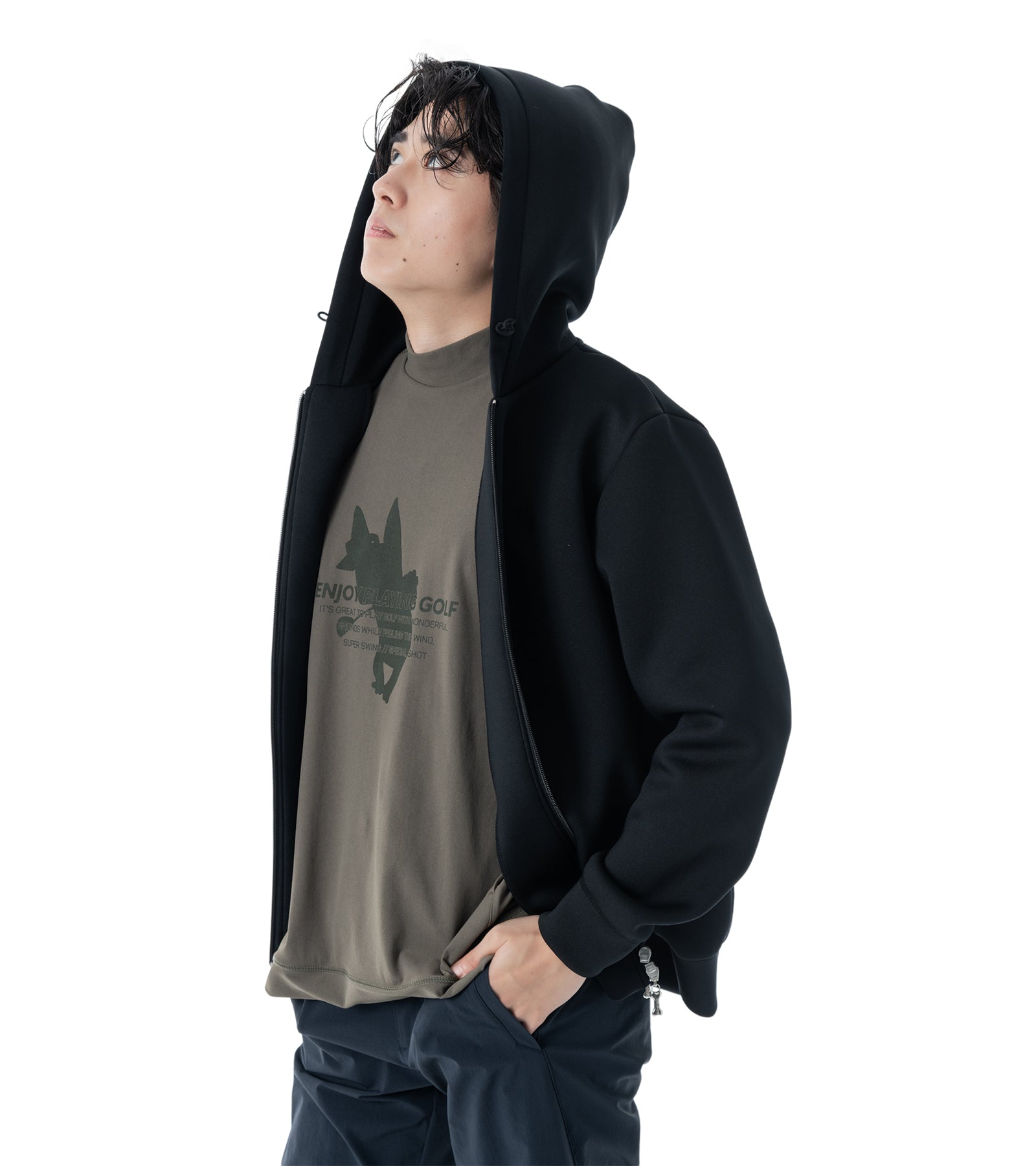 メンズワッペン切替フードパーカー