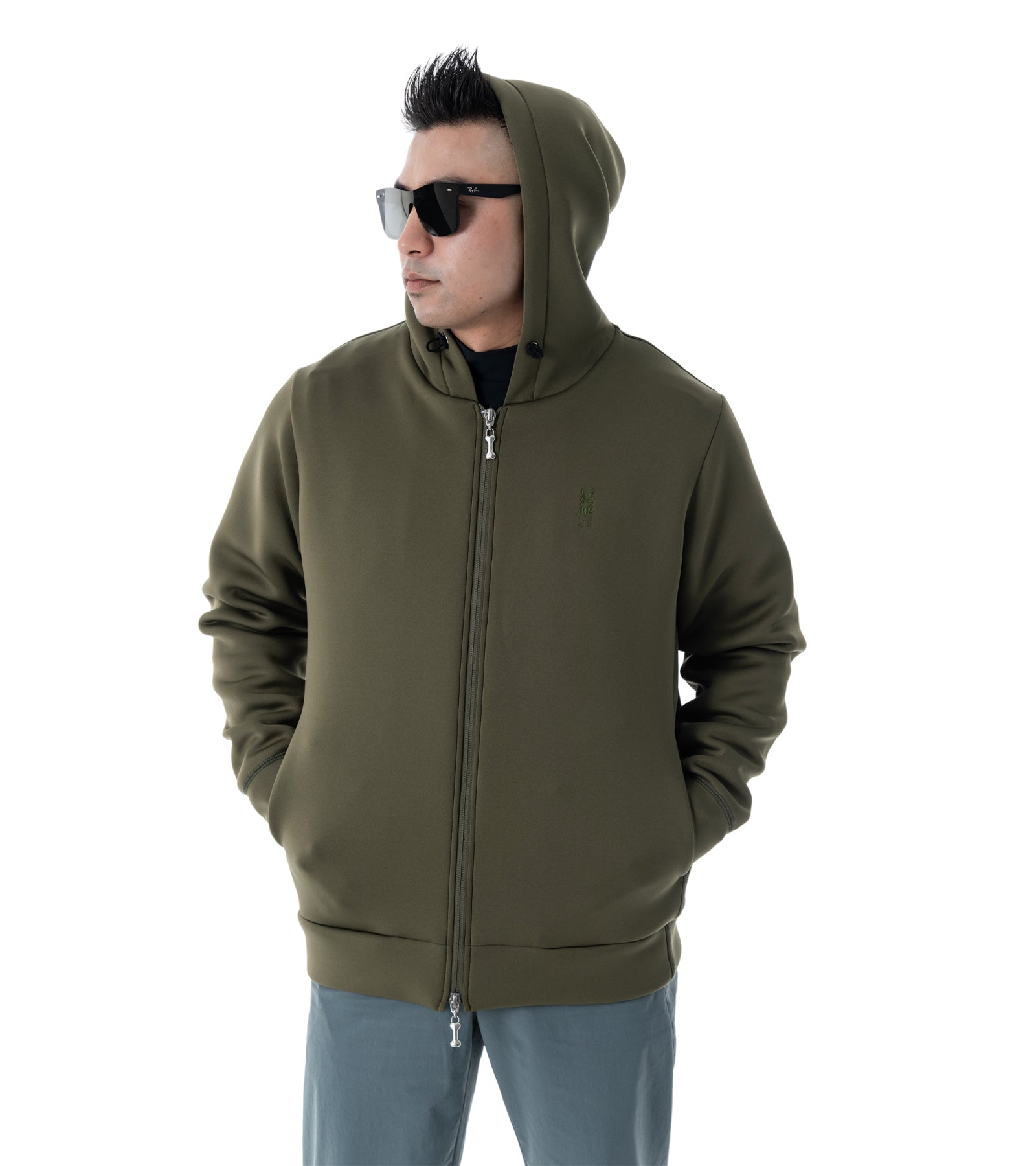 メンズワッペン切替フードパーカー