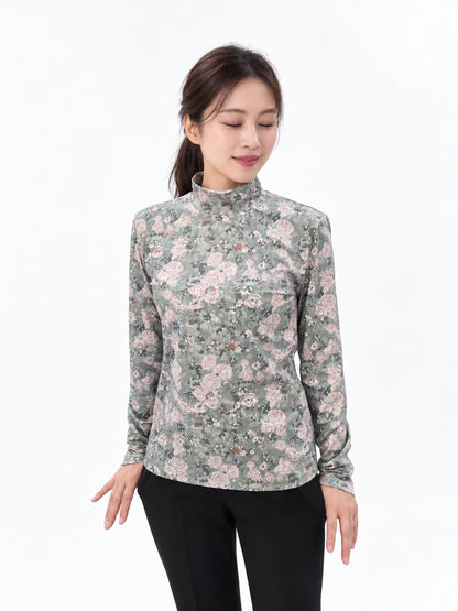 花柄モックネックTシャツ