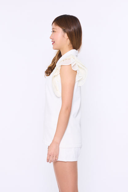 歐根紗褶皺袖針織 Polo 衫 (701H3212)