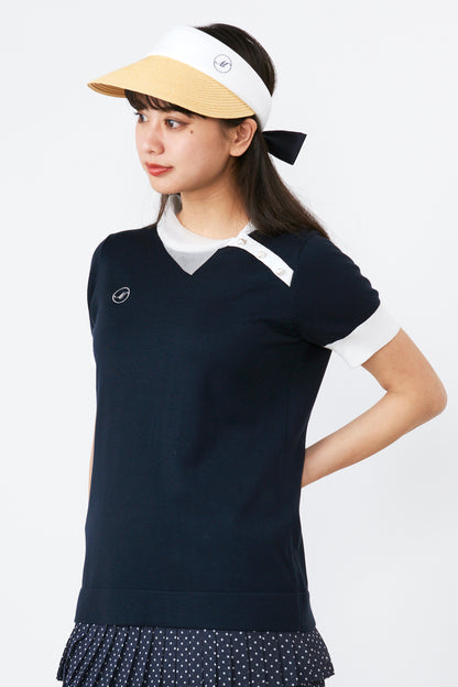 Short sleeve asymmetric see-through collar knit shirt (701J1212)