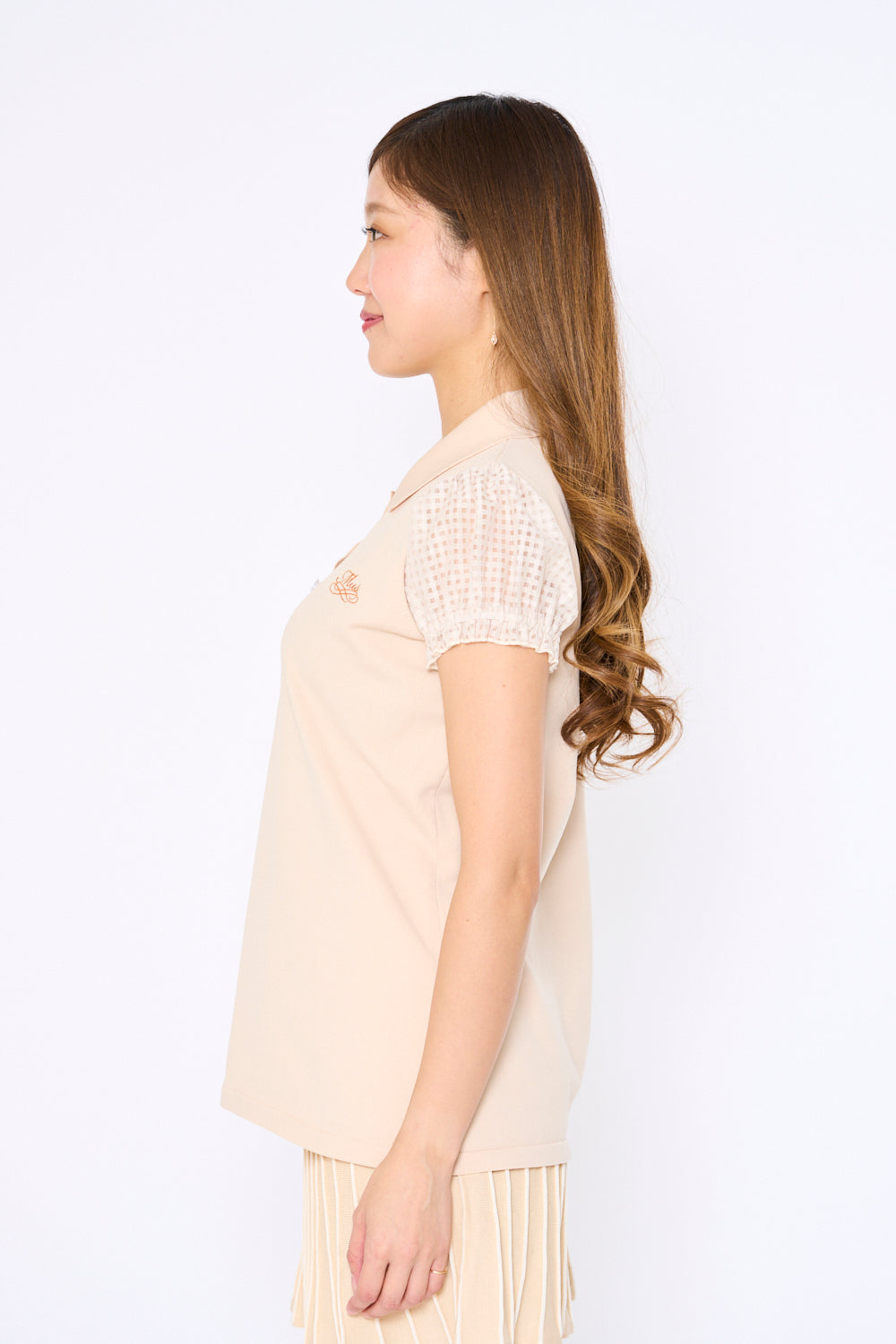 See-through sleeve short sleeve knit polo with back ribbon slit (701H3214)