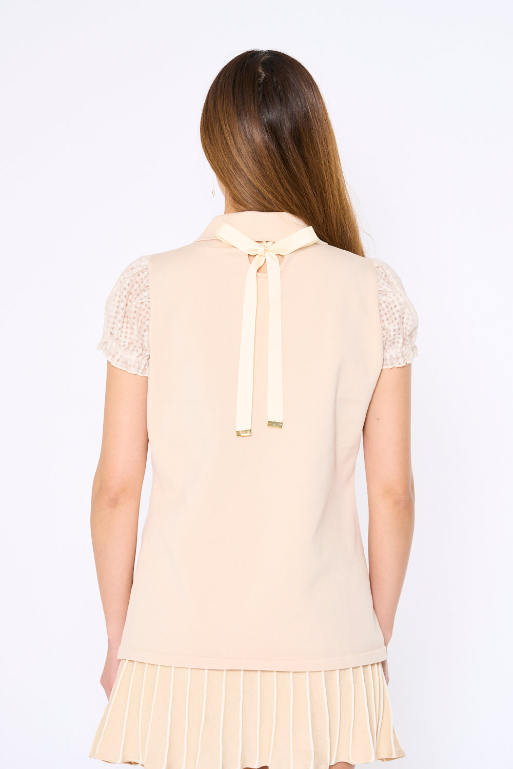 See-through sleeve short sleeve knit polo with back ribbon slit (701H3214)