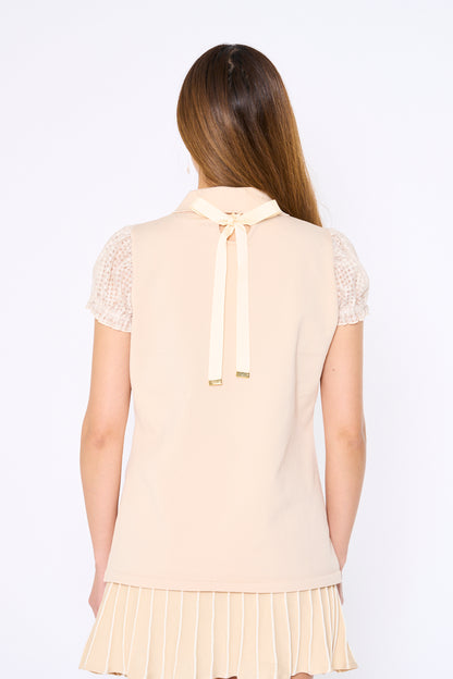 See-through sleeve short sleeve knit polo with back ribbon slit (701H3214)