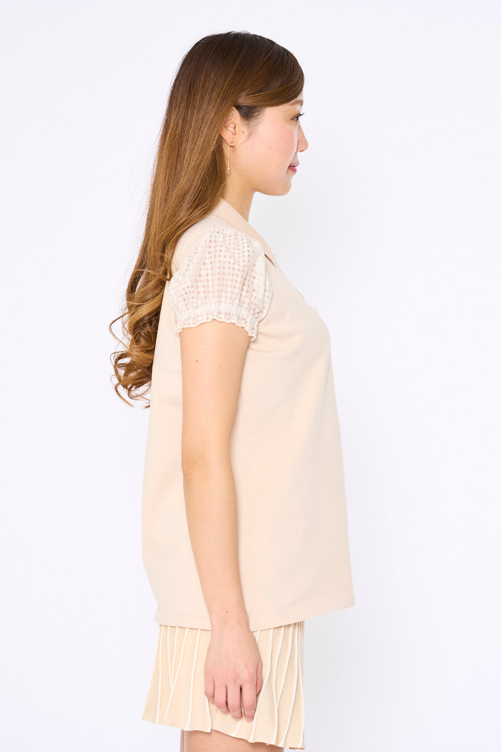 See-through sleeve short sleeve knit polo with back ribbon slit (701H3214)