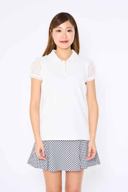 See-through sleeve short sleeve knit polo with back ribbon slit (701H3214)