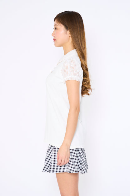 See-through sleeve short sleeve knit polo with back ribbon slit (701H3214)