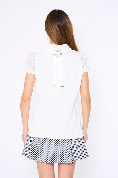 See-through sleeve short sleeve knit polo with back ribbon slit (701H3214)