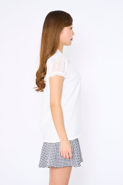 See-through sleeve short sleeve knit polo with back ribbon slit (701H3214)