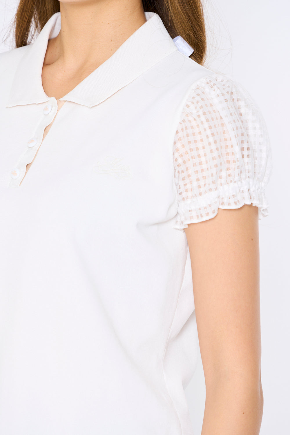 See-through sleeve short sleeve knit polo with back ribbon slit (701H3214)