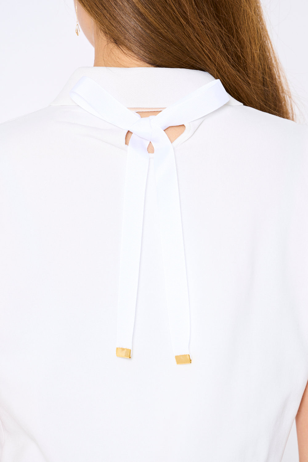 See-through sleeve short sleeve knit polo with back ribbon slit (701H3214)