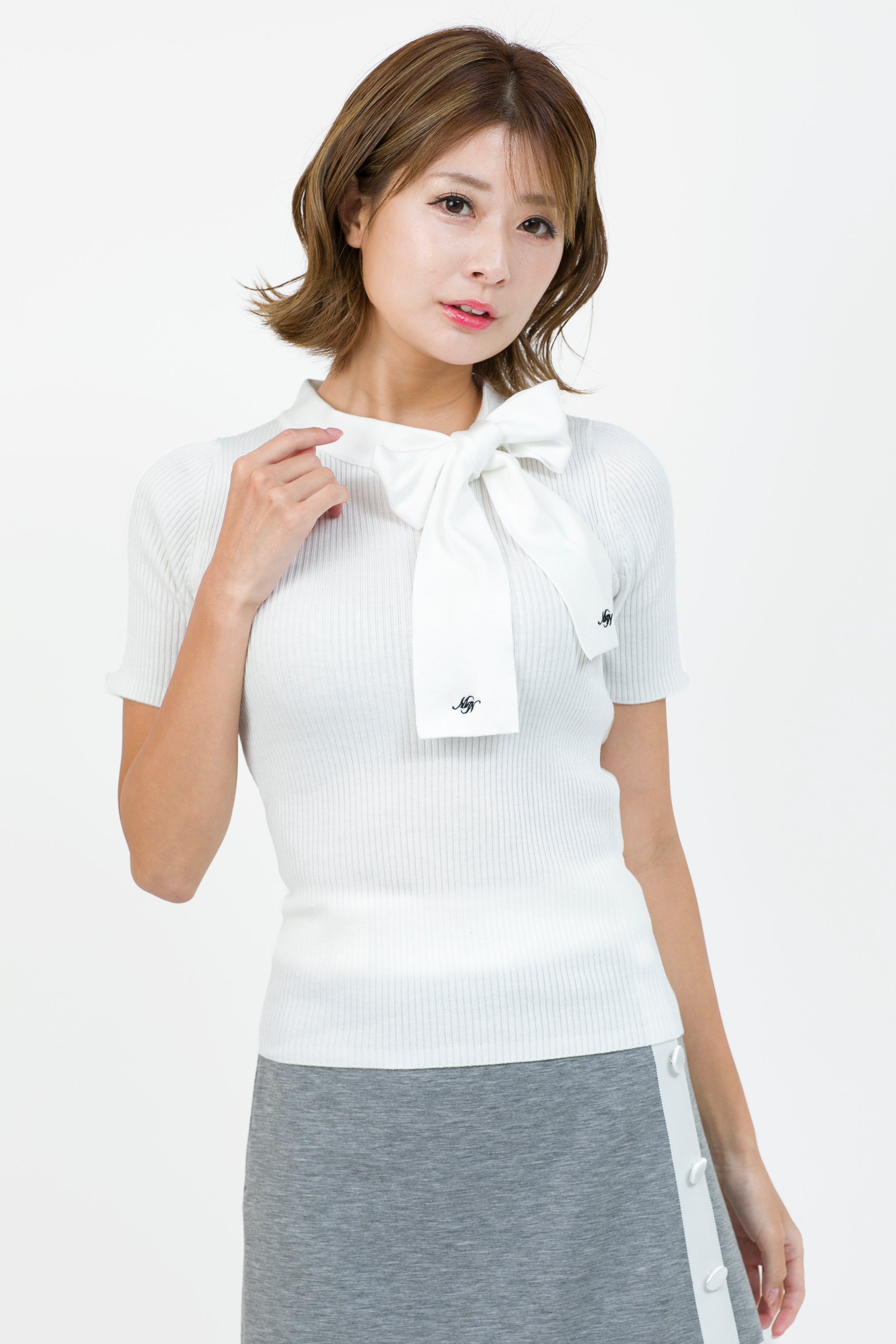 Ribbon collar short sleeve knit (701H8204K)