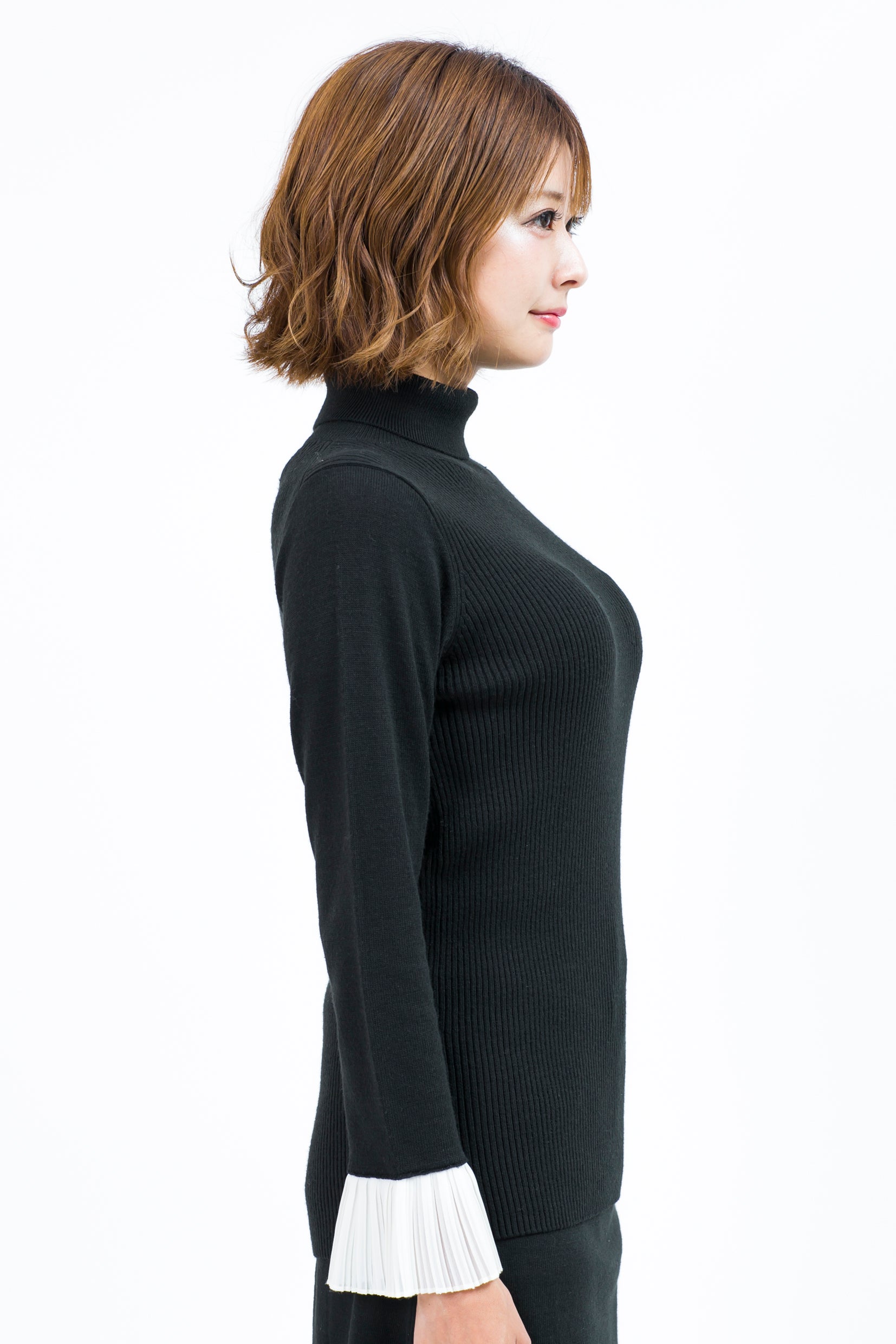 Pleated cuffs long sleeve turtle rib knit (701H8226)